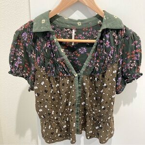 Free People top cottagecore floral olive forest green purple red and black